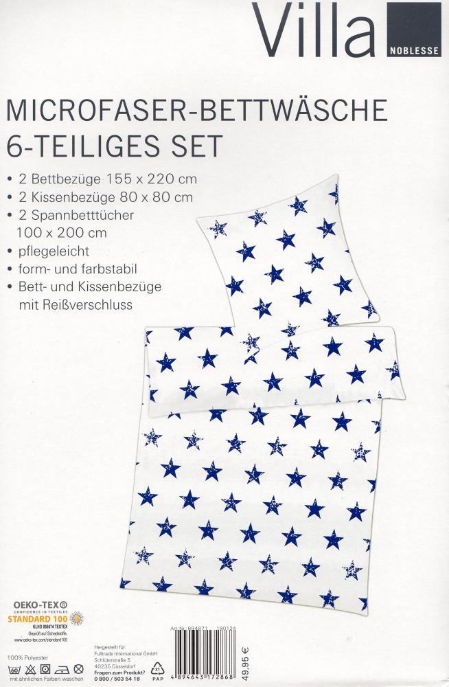 6-tlg. Bettwäsche (4-tlg. + 2 Bettlaken) - 155x 220cm - Sterne - weiß / blau - Mikrofaser